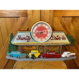 1988 Coca Cola Clock Burwood USA Drive-In 1950s Style Cars Diner 21 x 11 Works (
